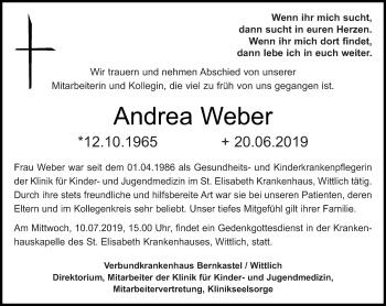 Traueranzeige von Andrea Weber von trierischer_volksfreund