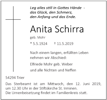 Traueranzeige von Anita Schirra von trierischer_volksfreund