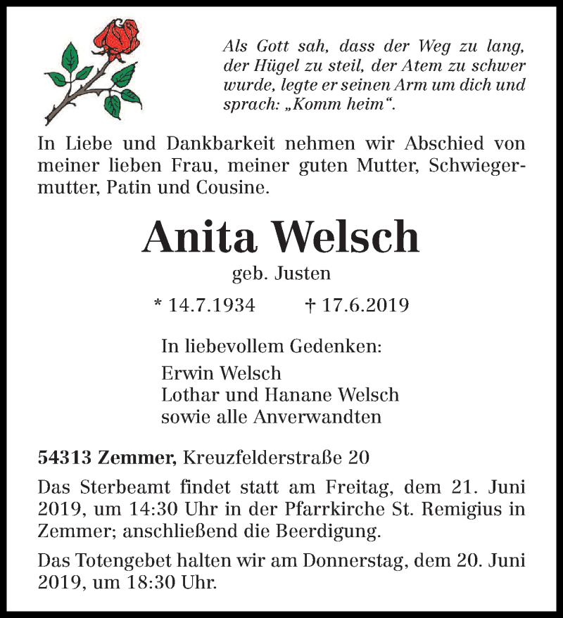  Traueranzeige für Anita Welsch vom 19.06.2019 aus trierischer_volksfreund