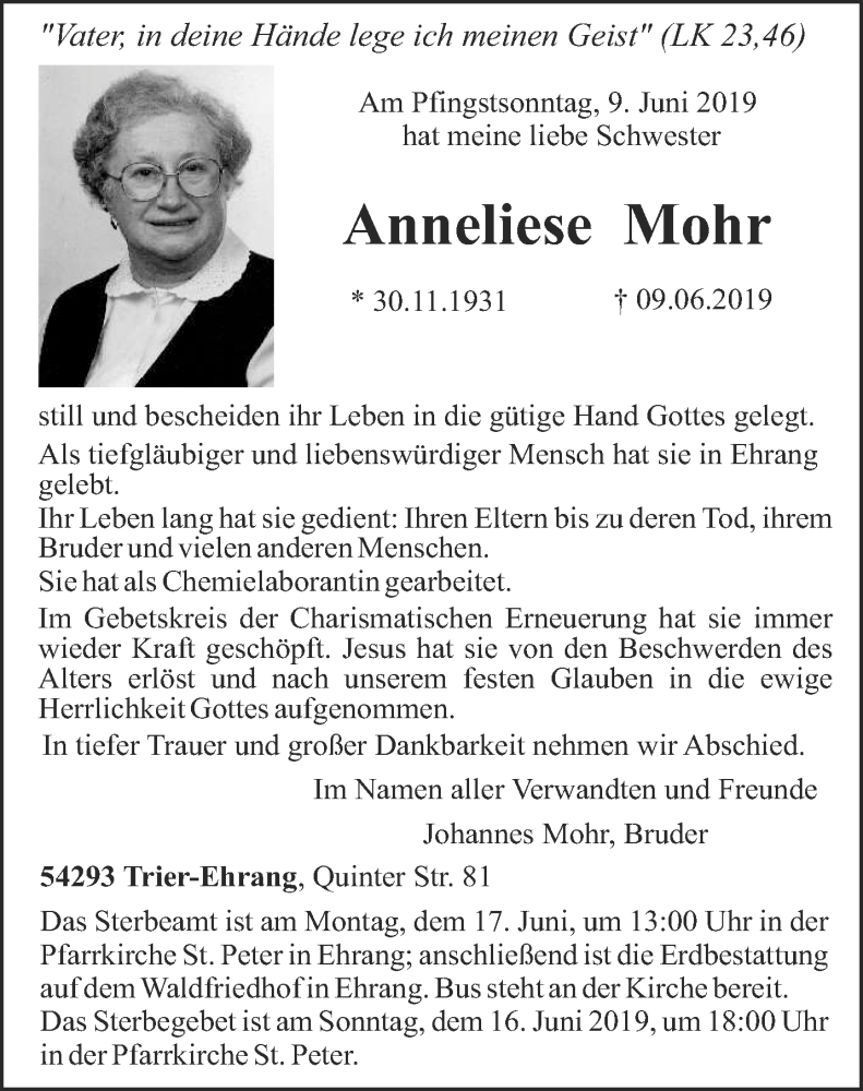  Traueranzeige für Anneliese Mohr vom 13.06.2019 aus trierischer_volksfreund