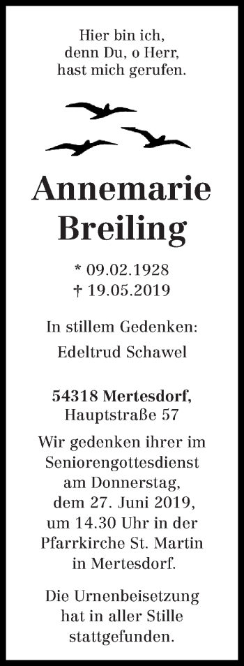 Traueranzeige von Annemarie Breiling von trierischer_volksfreund