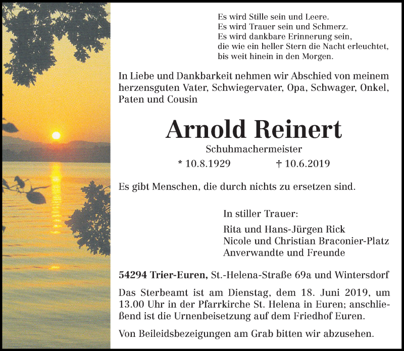  Traueranzeige für Arnold Reinert vom 14.06.2019 aus trierischer_volksfreund