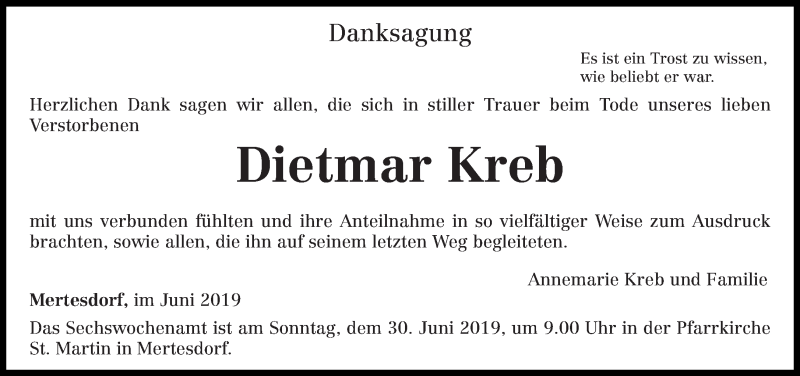  Traueranzeige für Dietmar Kreb vom 26.06.2019 aus trierischer_volksfreund