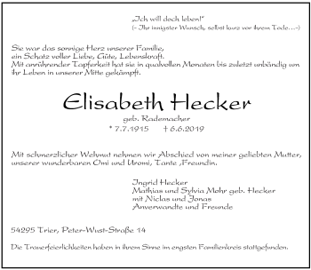 Traueranzeige von Elisabeth Hecker von trierischer_volksfreund
