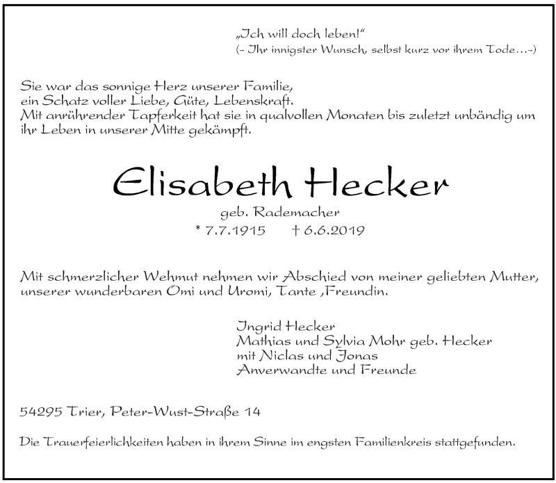  Traueranzeige für Elisabeth Hecker vom 15.06.2019 aus trierischer_volksfreund