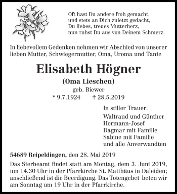 Traueranzeige von Elisabeth Högner von trierischer_volksfreund