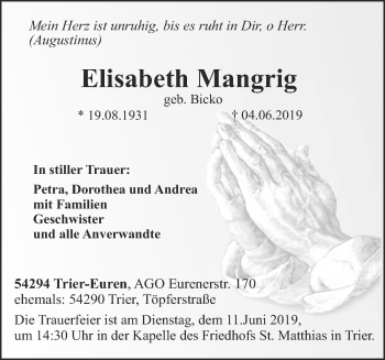 Traueranzeige von Elisabeth Mangrig von trierischer_volksfreund