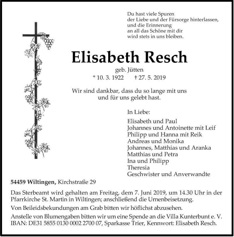  Traueranzeige für Elisabeth Resch vom 01.06.2019 aus trierischer_volksfreund