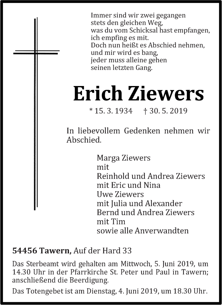  Traueranzeige für Erich Ziewers vom 01.06.2019 aus trierischer_volksfreund