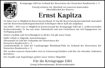 Traueranzeige von Ernst Kapitza von trierischer_volksfreund