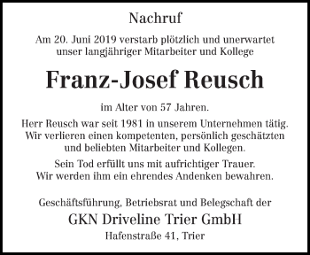 Traueranzeige von Franz-Josef Reusch von trierischer_volksfreund