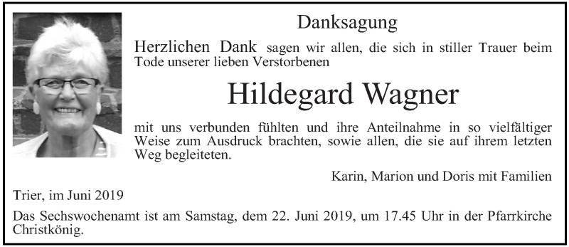  Traueranzeige für Hildegard Wagner vom 15.06.2019 aus trierischer_volksfreund