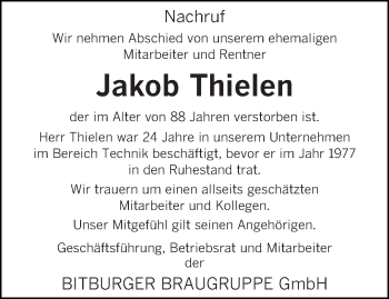 Traueranzeige von Jakob Thielen von trierischer_volksfreund
