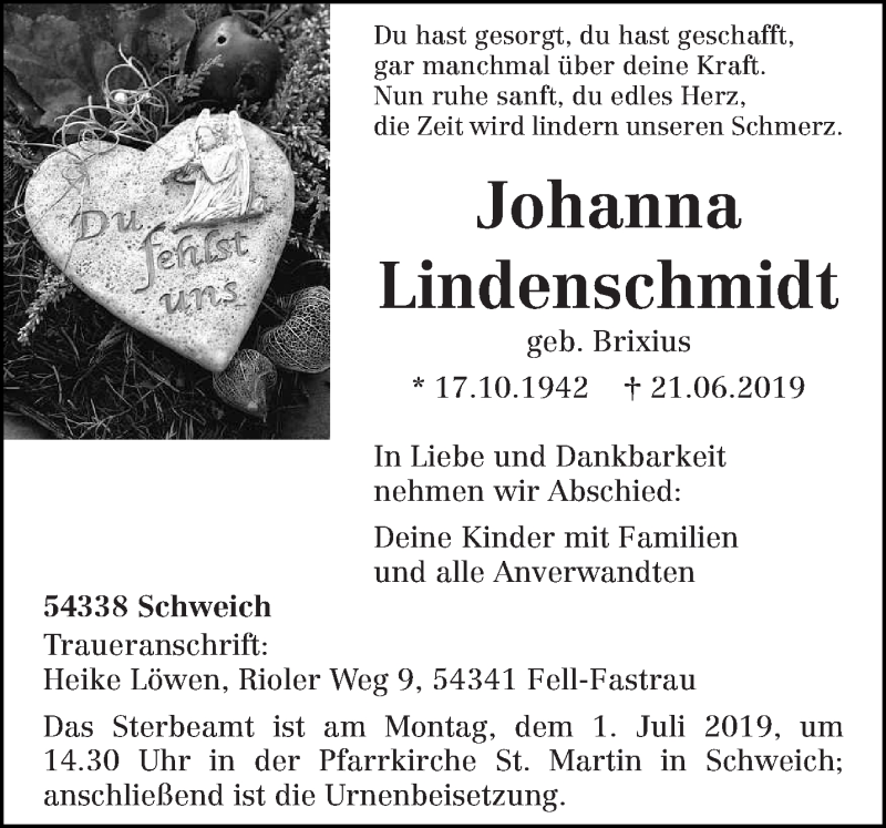 Traueranzeige für Johanna Lindenschmidt vom 26.06.2019 aus trierischer_volksfreund
