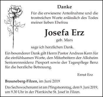 Traueranzeige von Josefa Erz von trierischer_volksfreund