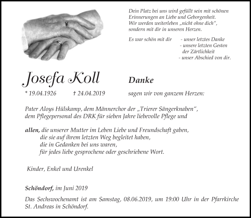  Traueranzeige für Josefa Koll vom 01.06.2019 aus trierischer_volksfreund