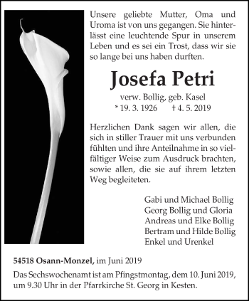Traueranzeige von Josefa Petri von trierischer_volksfreund