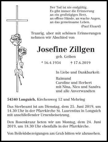 Traueranzeige von Josefine Zillgen von trierischer_volksfreund