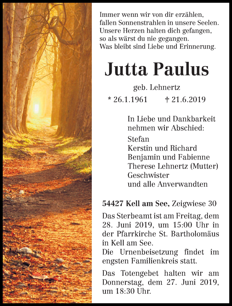  Traueranzeige für Jutta Paulus vom 26.06.2019 aus trierischer_volksfreund