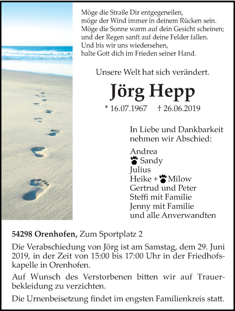  Traueranzeige für Jörg Hepp vom 27.06.2019 aus trierischer_volksfreund