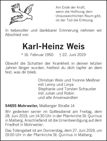 Traueranzeige von Karl-Heinz Weis von trierischer_volksfreund
