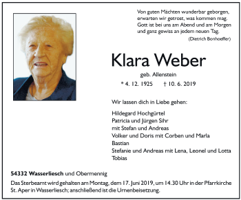 Traueranzeige von Klara Weber von trierischer_volksfreund