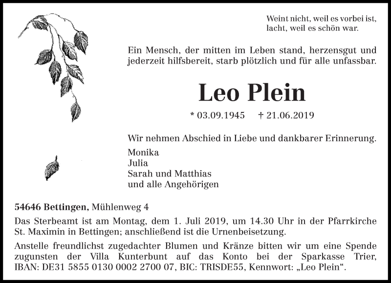  Traueranzeige für Leo Plein vom 26.06.2019 aus trierischer_volksfreund