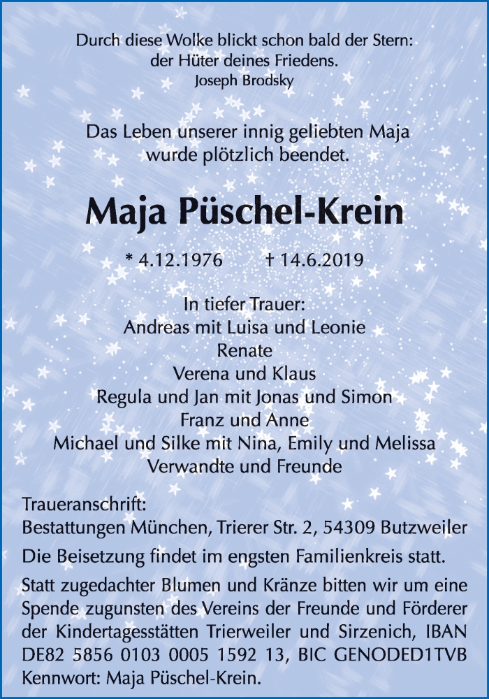  Traueranzeige für Maja Püschel-Krein vom 26.06.2019 aus trierischer_volksfreund