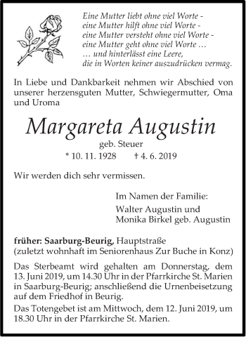 Traueranzeige von Margareta Augustin von trierischer_volksfreund