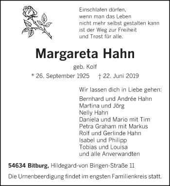 Traueranzeige von Margareta Hahn von trierischer_volksfreund