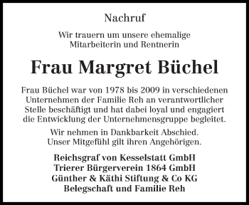 Traueranzeige von Margret Büchel von trierischer_volksfreund