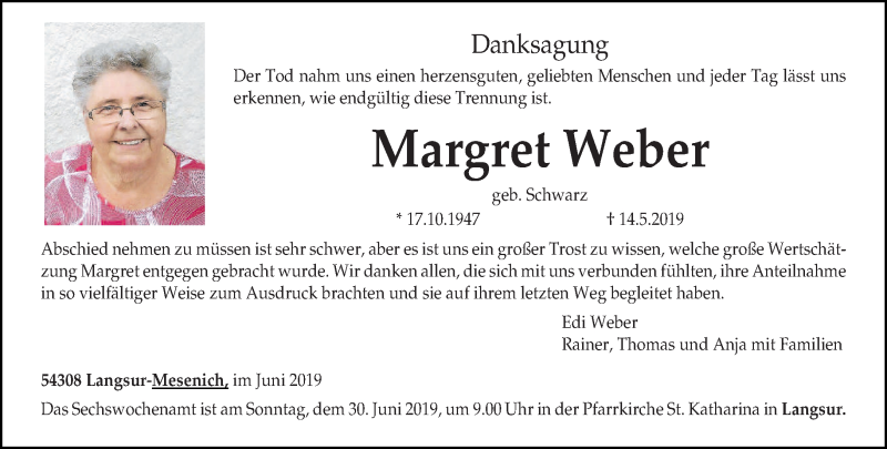  Traueranzeige für Margret Weber vom 22.06.2019 aus trierischer_volksfreund