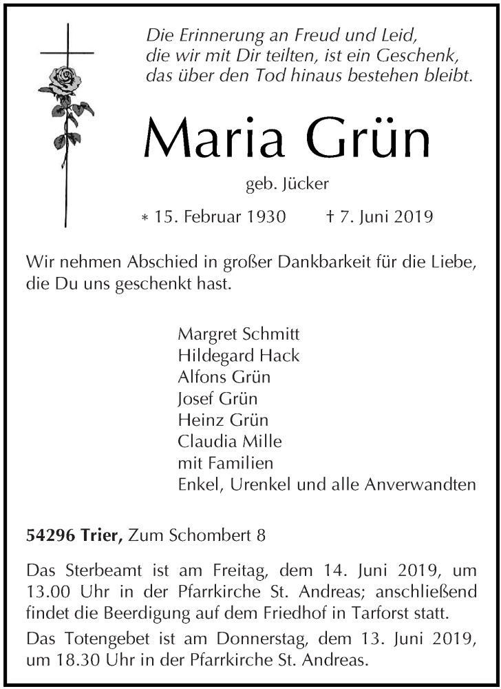  Traueranzeige für Maria Grün vom 12.06.2019 aus trierischer_volksfreund