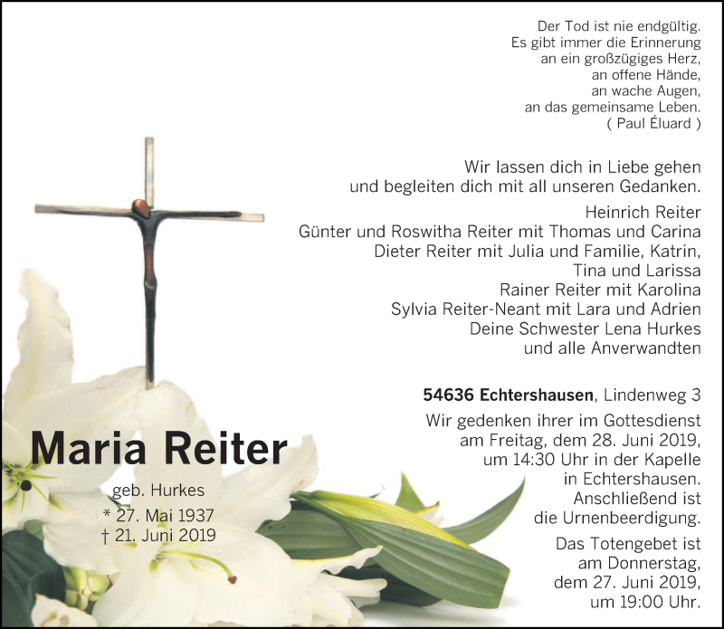  Traueranzeige für Maria Reiter vom 22.06.2019 aus trierischer_volksfreund