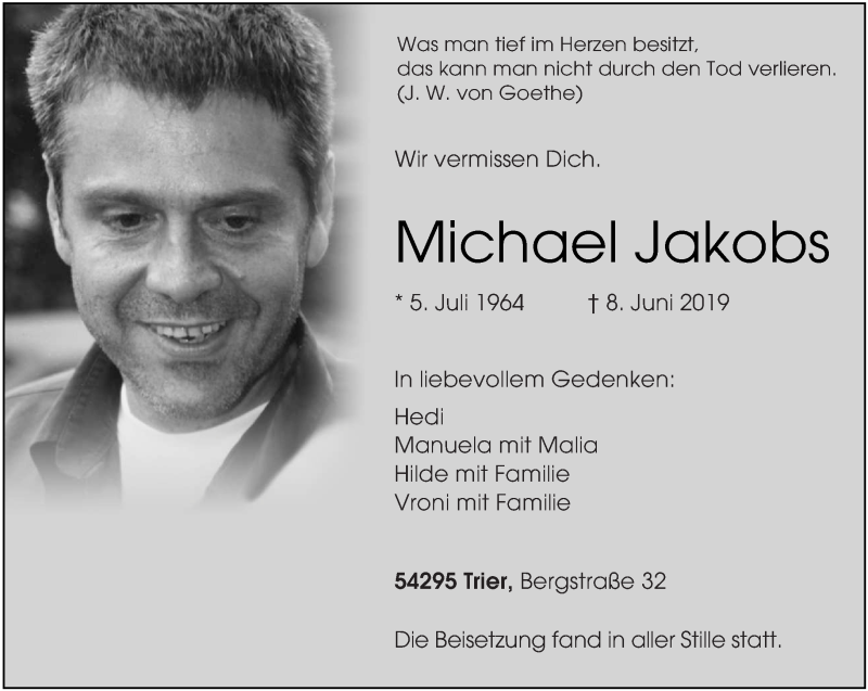  Traueranzeige für Michael Jakobs vom 22.06.2019 aus trierischer_volksfreund