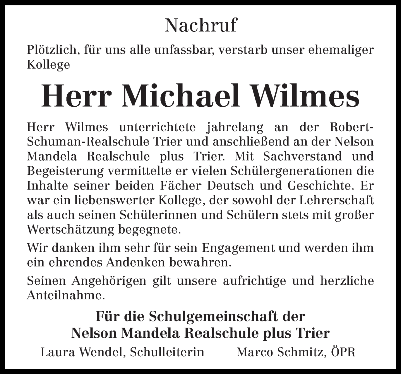 Traueranzeige für Michael Wilmes vom 08.06.2019 aus trierischer_volksfreund