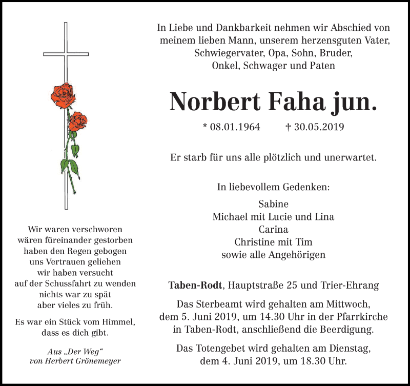  Traueranzeige für Norbert Faha vom 03.06.2019 aus trierischer_volksfreund