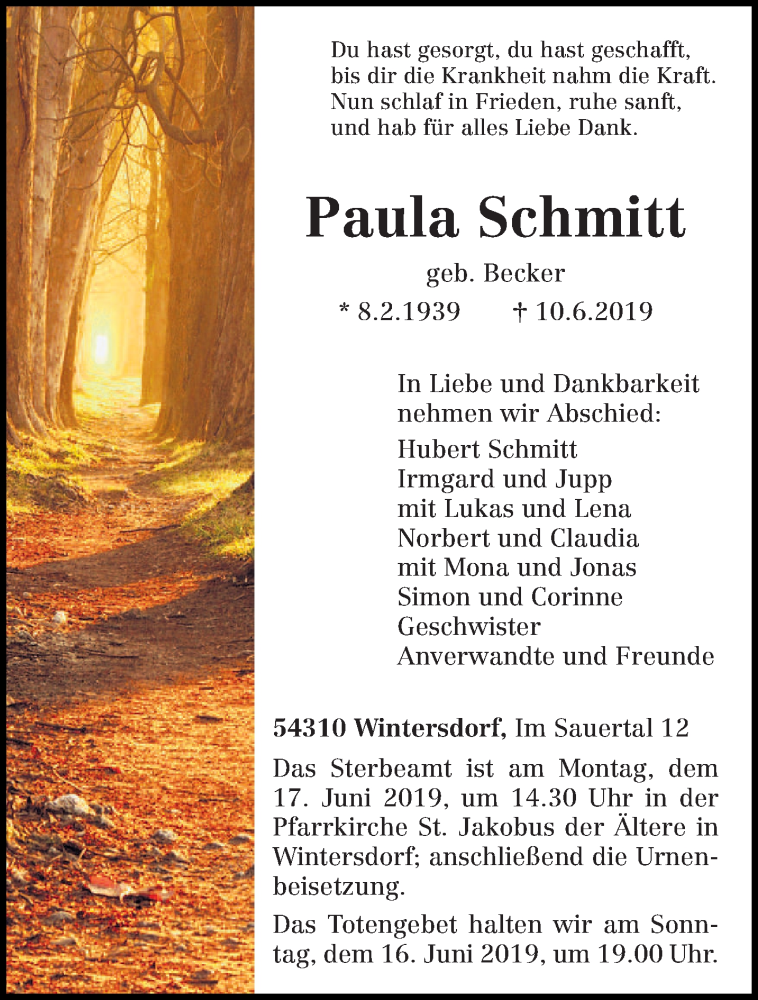  Traueranzeige für Paula Schmitt vom 13.06.2019 aus trierischer_volksfreund