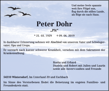 Traueranzeige von Peter Dohr von trierischer_volksfreund