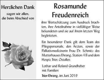 Traueranzeige von Rosamunde Freudenreich von trierischer_volksfreund