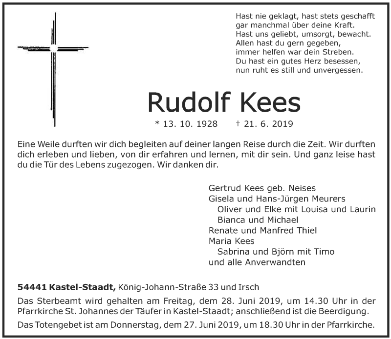  Traueranzeige für Rudolf Kees vom 26.06.2019 aus trierischer_volksfreund