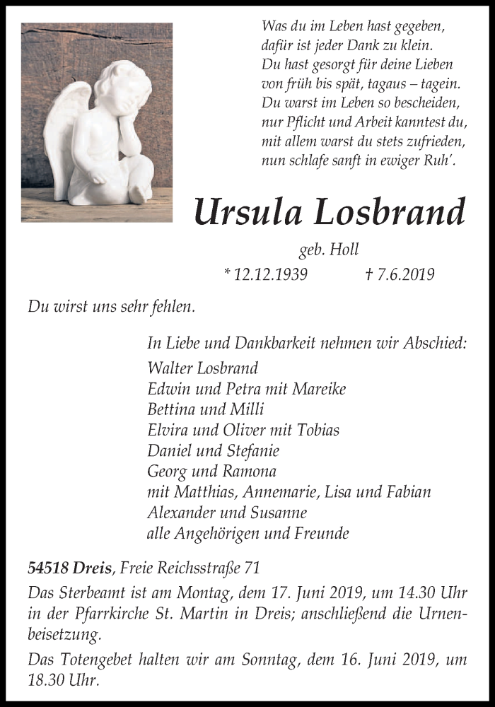  Traueranzeige für Ursula Losbrand vom 12.06.2019 aus trierischer_volksfreund