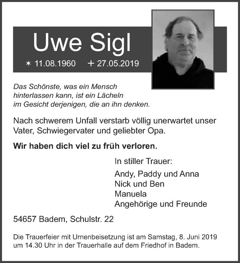  Traueranzeige für Uwe Sigl vom 01.06.2019 aus trierischer_volksfreund