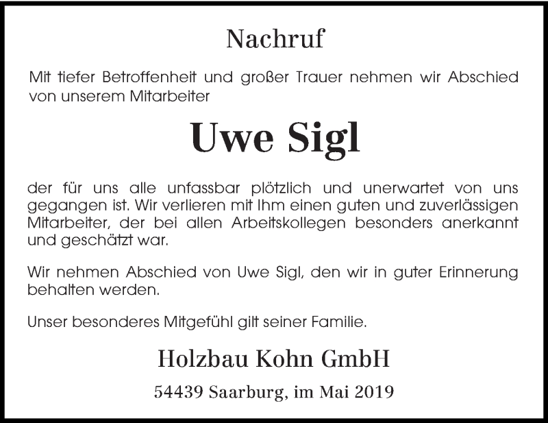  Traueranzeige für Uwe Sigl vom 05.06.2019 aus trierischer_volksfreund