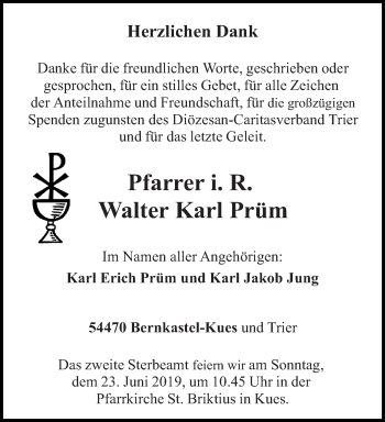 Traueranzeige von Walter Karl Prüm von trierischer_volksfreund