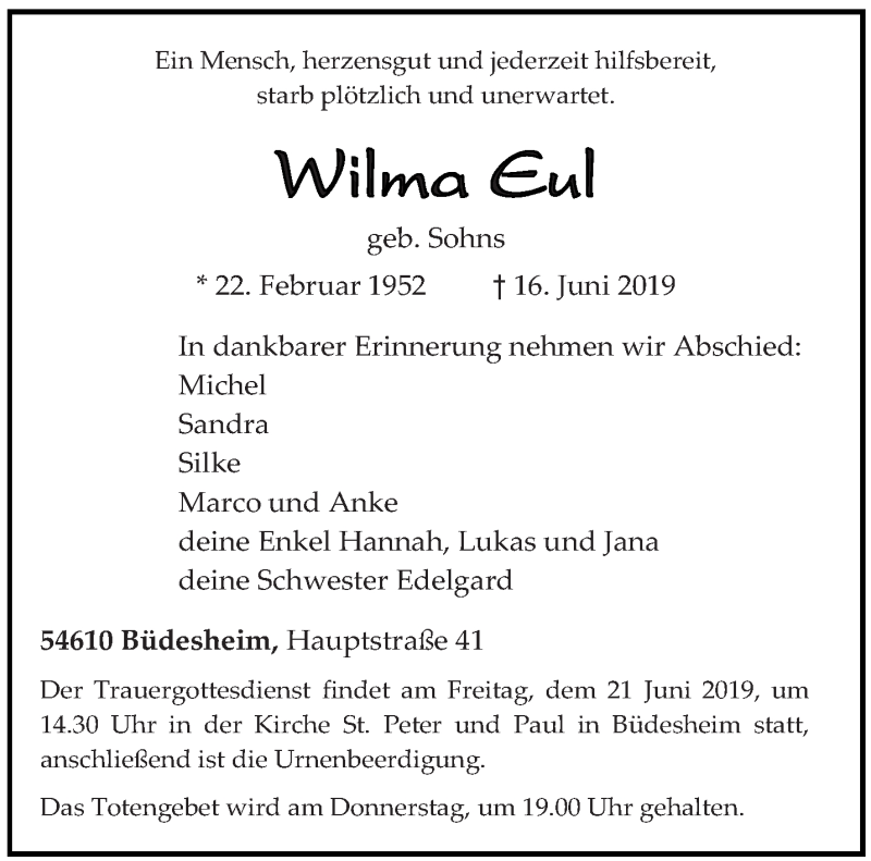  Traueranzeige für Wilma Eul vom 19.06.2019 aus trierischer_volksfreund