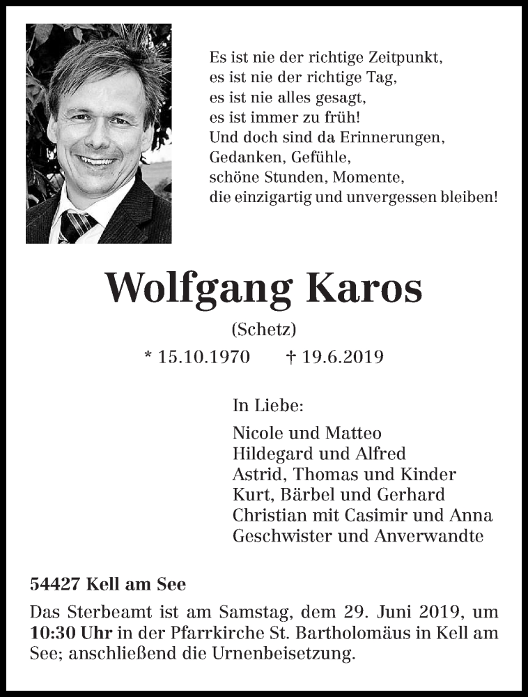  Traueranzeige für Wolfgang Karos vom 26.06.2019 aus trierischer_volksfreund