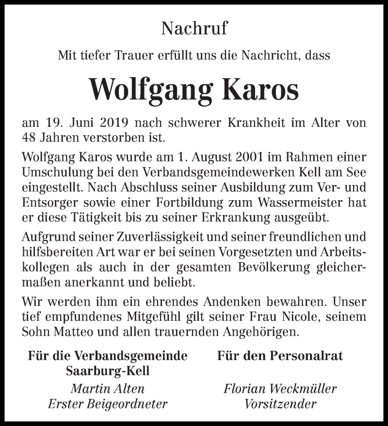  Traueranzeige für Wolfgang Karos vom 27.06.2019 aus trierischer_volksfreund