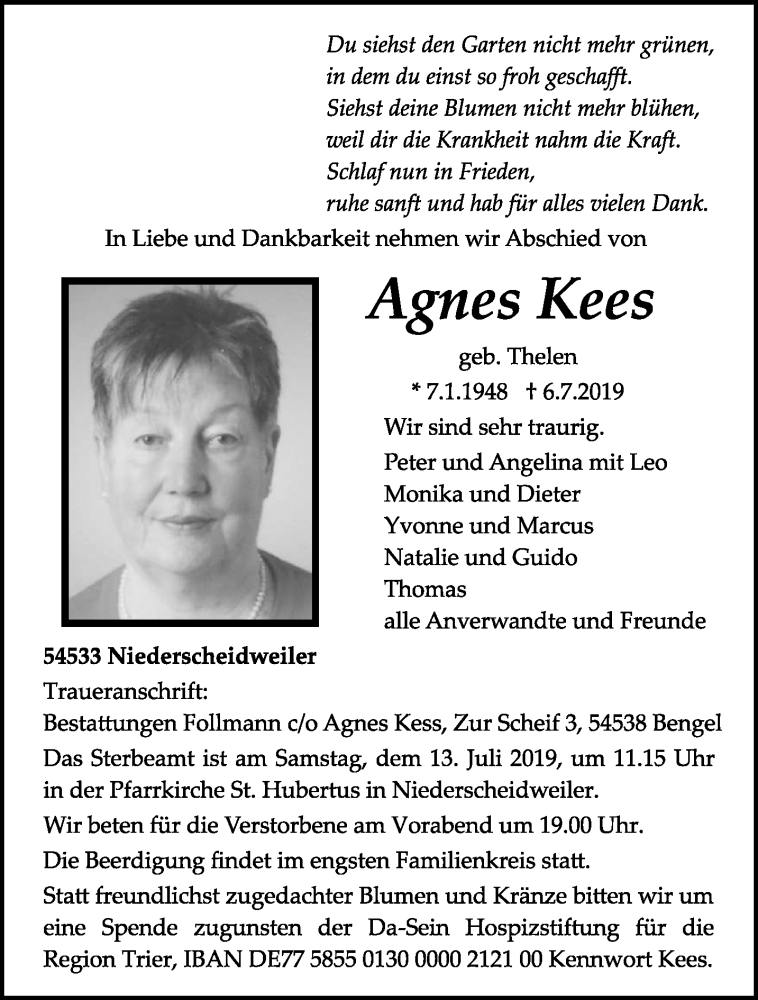  Traueranzeige für Agnes Kees vom 10.07.2019 aus trierischer_volksfreund