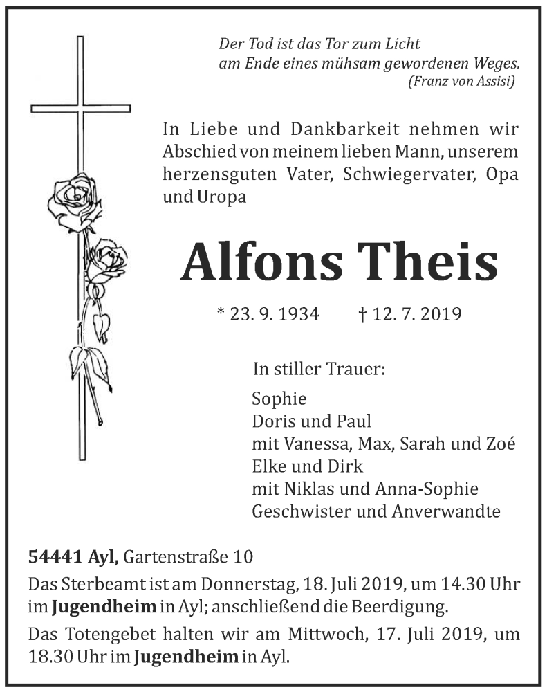  Traueranzeige für Alfons Theis vom 16.07.2019 aus trierischer_volksfreund